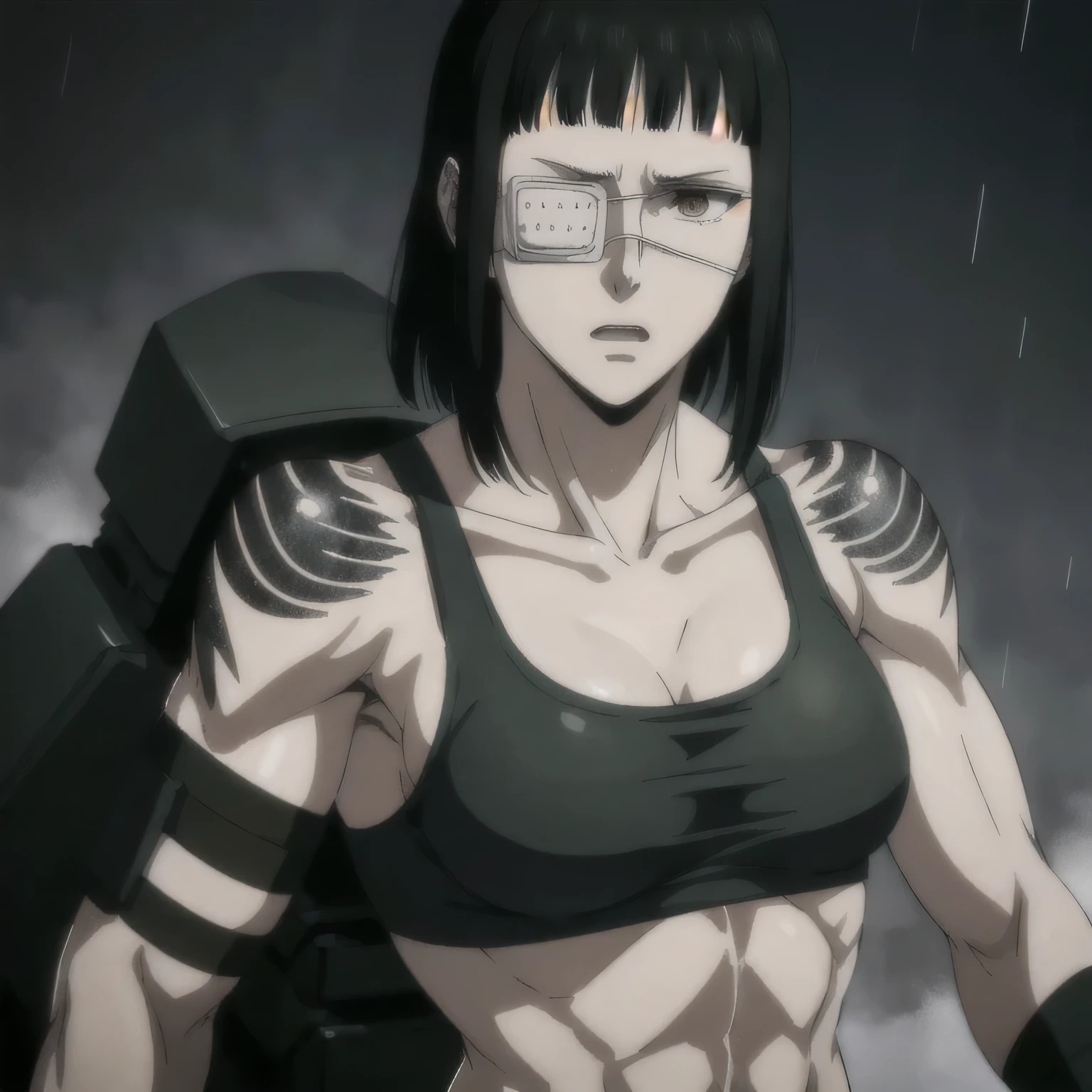 (best quality,ultra-detailed,realistic:1.37), military, muscular girl with sculpted body wearing a sports bra and sport underwear , beautiful tattoo on girl's shoulder, full review of the female character's face and body, intense expression, strong and confident posture, studio lighting, vivid colors, physiologically-based rendering, grungy texture, rugged background, dust particles in the air, commanding presence, professional, powerful, gritty aesthetics,,Valmet with her lus,eye patch,run,raining