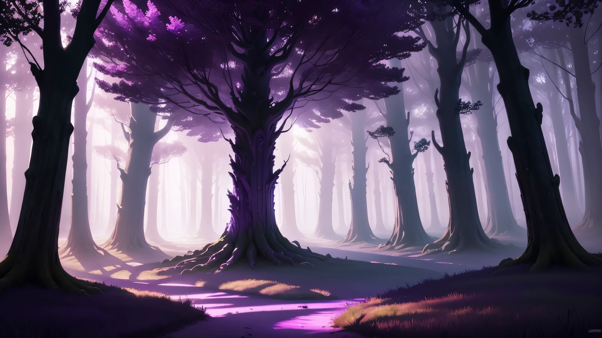 highres, fantasy, surreal, dreamy lighting, misty atmosphere, magical creatures, ethereal, enchanted trees, mysterious shadows, luminescent plants, whimsical, peaceful ambiance.purple light