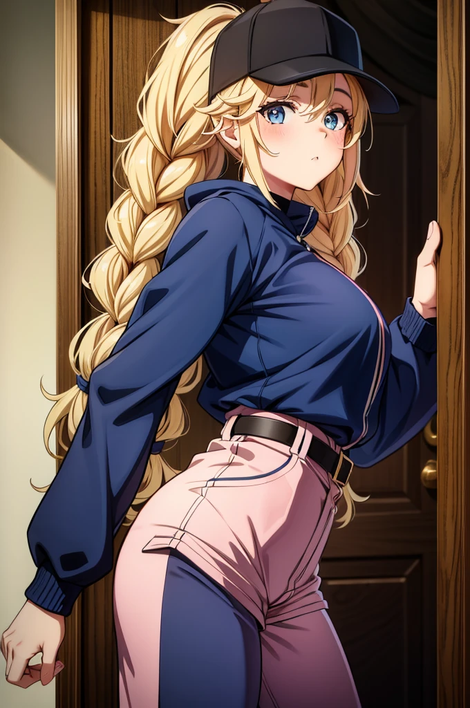 a picture of a woman dressed in baseball player garb poses before a dark wood door, 1girl, solo, hat, twin braids, blue eyes, blonde hair, braid, long hair, baseball cap, looking at viewer, blush, black headwear, long sleeves, breasts, jacket, belt, multicolored jacketv