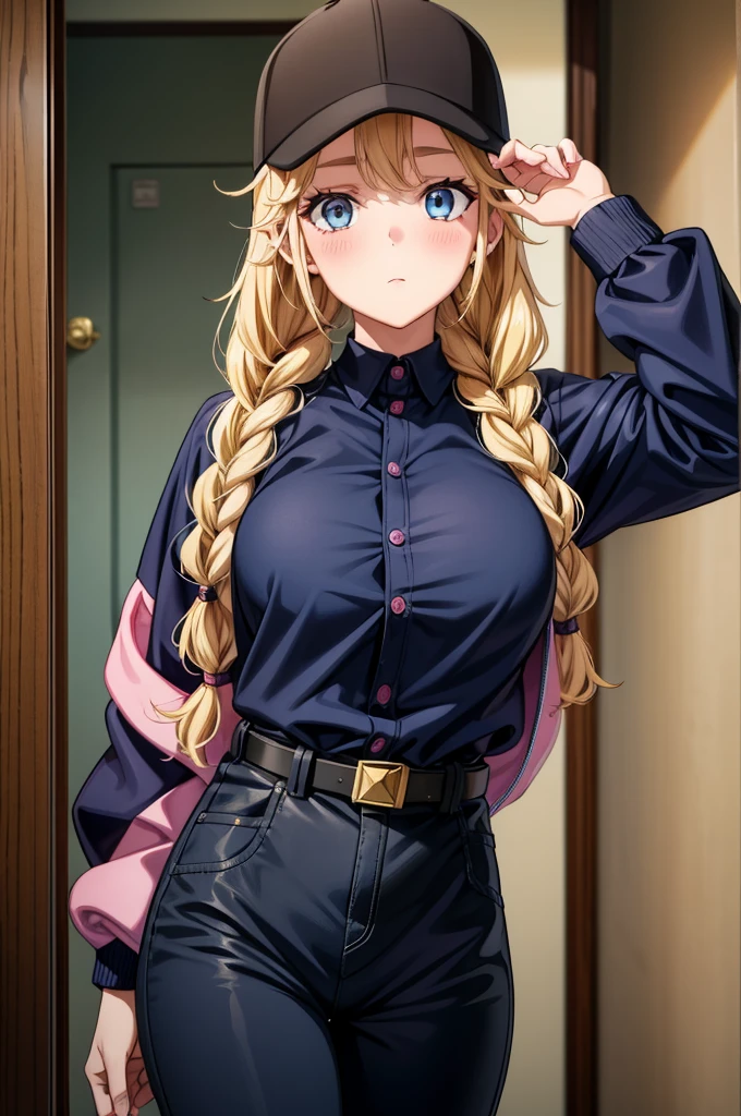 a woman with long blonde hair and dress with high fashion hat on her head, 1girl, solo, blue eyes, breasts, blonde hair, long hair, large breasts, braid, hat, jacket, pantyhose, black headwear, black footwear, jewelry, looking at viewer, earrings, twin braids, baseball cap