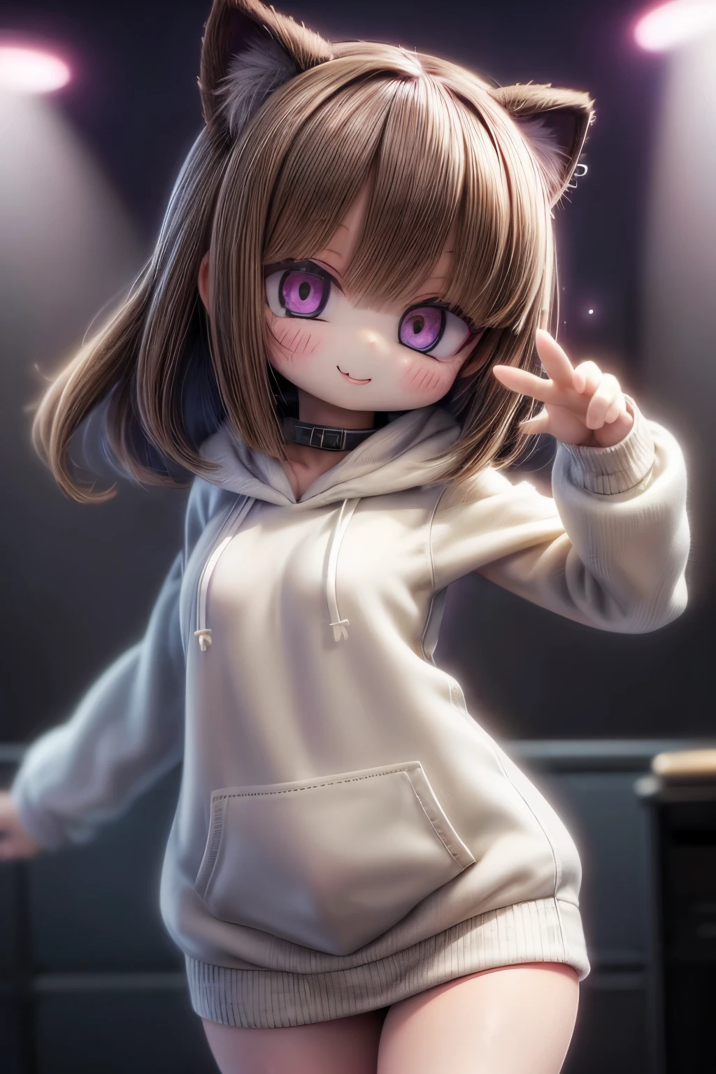 ((Masterpiece)), (Anime:1.3), ((best quality)), (RAW photo: 1.2), (High Definition:1.3), (Professional Photography:1.2), (hard lighting:1.5), (closeup face), Textured skin, cinematic lighting, (), 1girl, (Cute teenage beaul Girl), violet eyes, (Beautiful daiamond eyes:1.5),BREAK, ((best quality)), Cat ears, Pale brown hair, unruly hair, medium hair, (innocent smile:1.4), Open mouth wide, Glossy lips, BREAK, ((pure white hoodie)), zipper, ((slightly exposed stomach)), Slender body, slightly exposed small breasts, sweaty, Beautiful small breasts, (kawaii posing:1.4), Slum townscape,