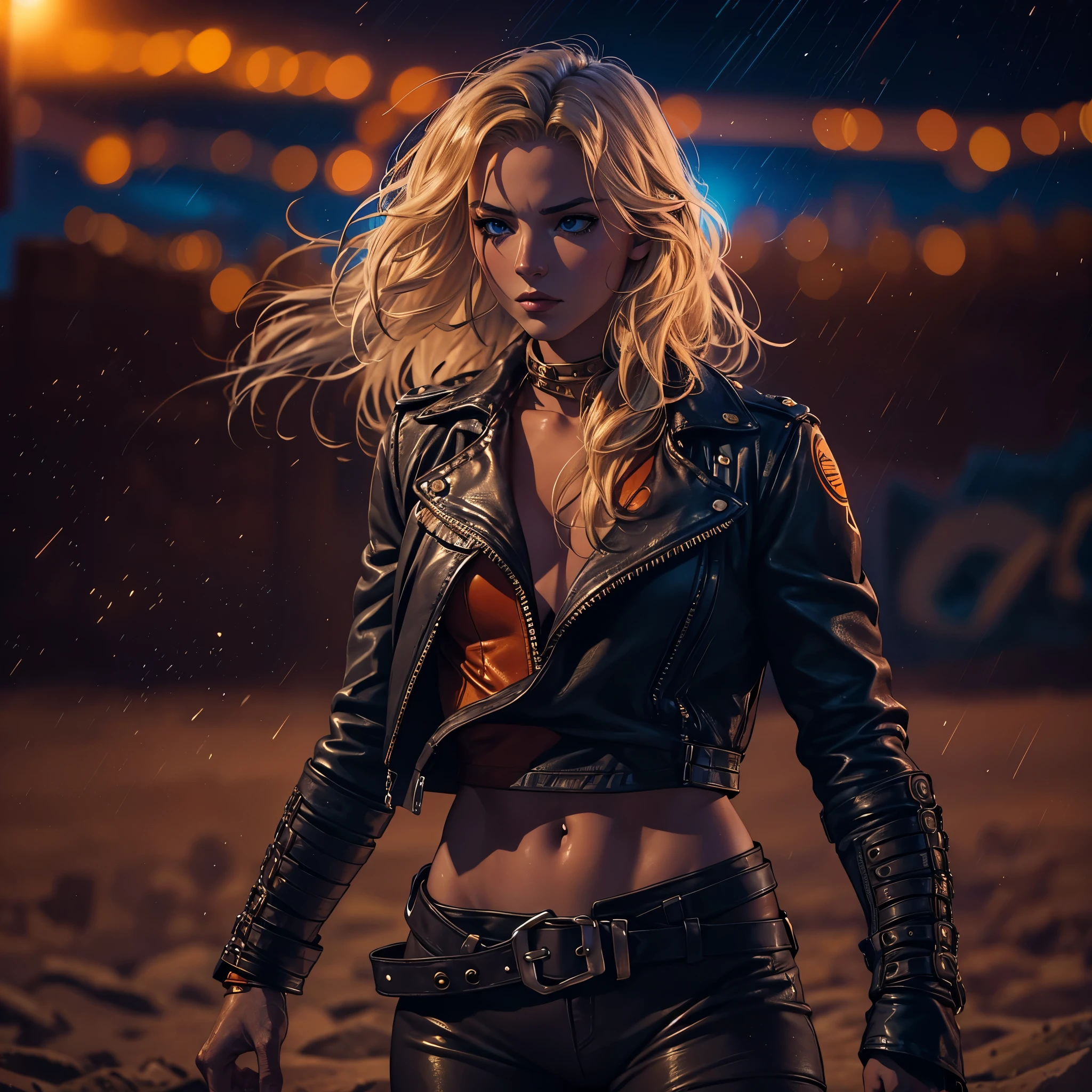 Masterpiece, 1girl, one single solo beautiful young Sweden blonde woman, perfection, wavy blond hair, warrior, fit, (leather:1.4) sexy reinforced clothes, in a sand arena, bare handed, with orange and blue wavy tattoos, dynamic lighting, night time, cinematic shot