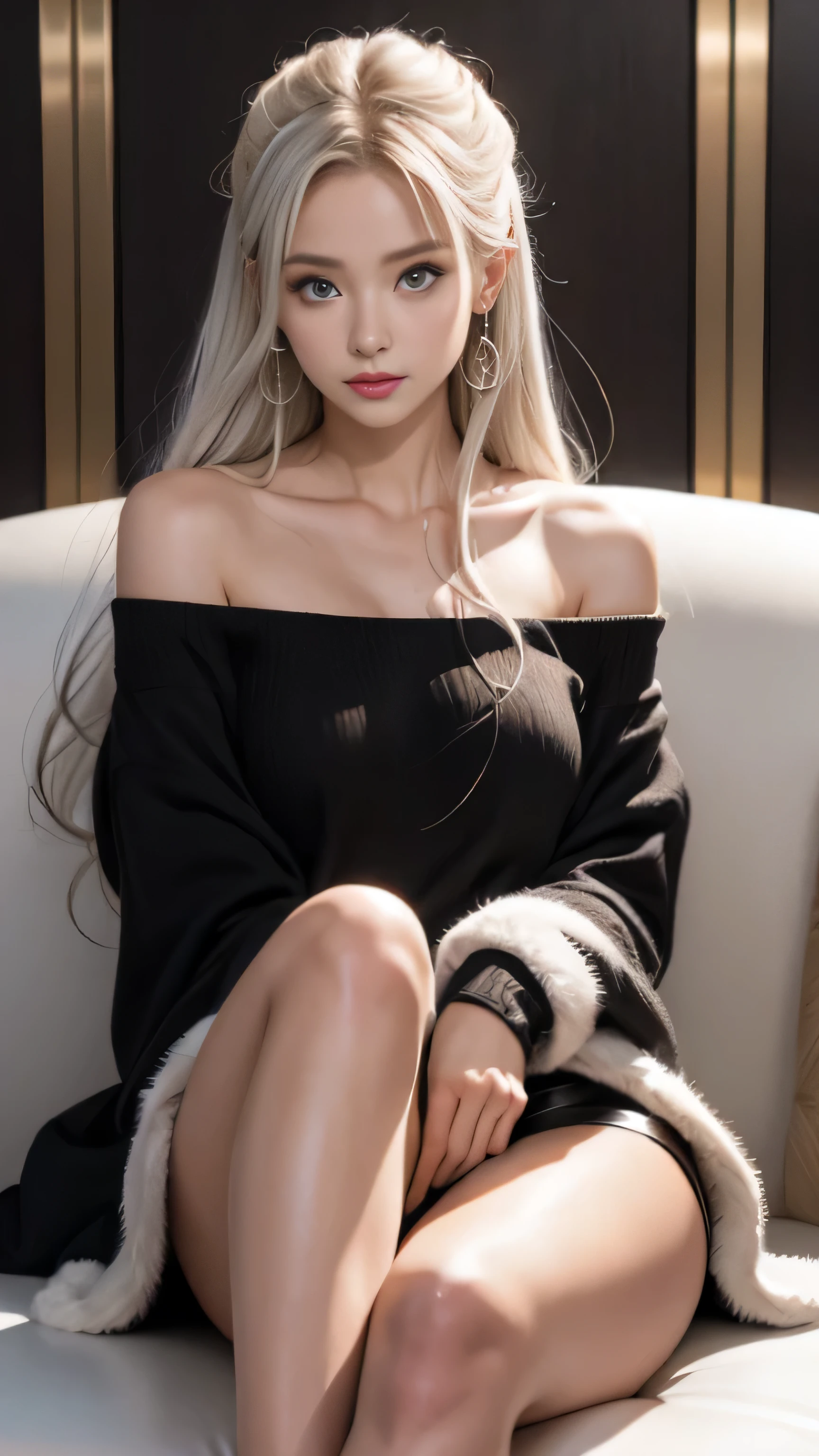 Hotel Venue、Double whirlwind pattern design clothing,iris heterochromatic pupil,silver haired girl,free high resolution,off shoulder white fur coat、girl sitting on the sofa