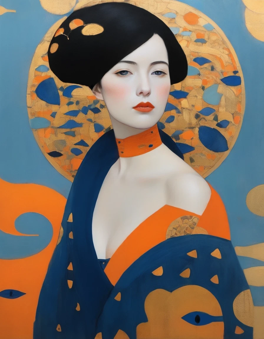 1 beautiful young woman,
cleavage
off shoulder oversized shirt
( 8k,  gradient art by Harry Clarke		Hayv Kahraman )