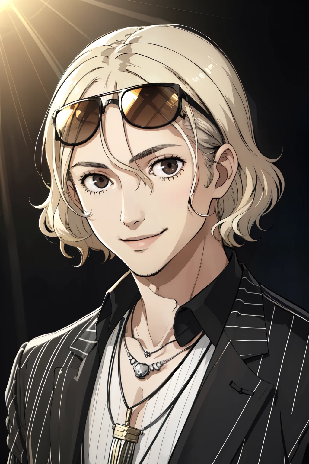 "(best quality, high resolution), man, alone, straight blonde hair with black roots in the middle parting, short hair, black and blonde hair, hair curly, brown eyes, smiling, sunglasses on his head, bracelets, white striped shirt, necklace with silver sun pendant, hair black highlights, portrait, studio lighting, surrealistic, black hair blonde stripes"