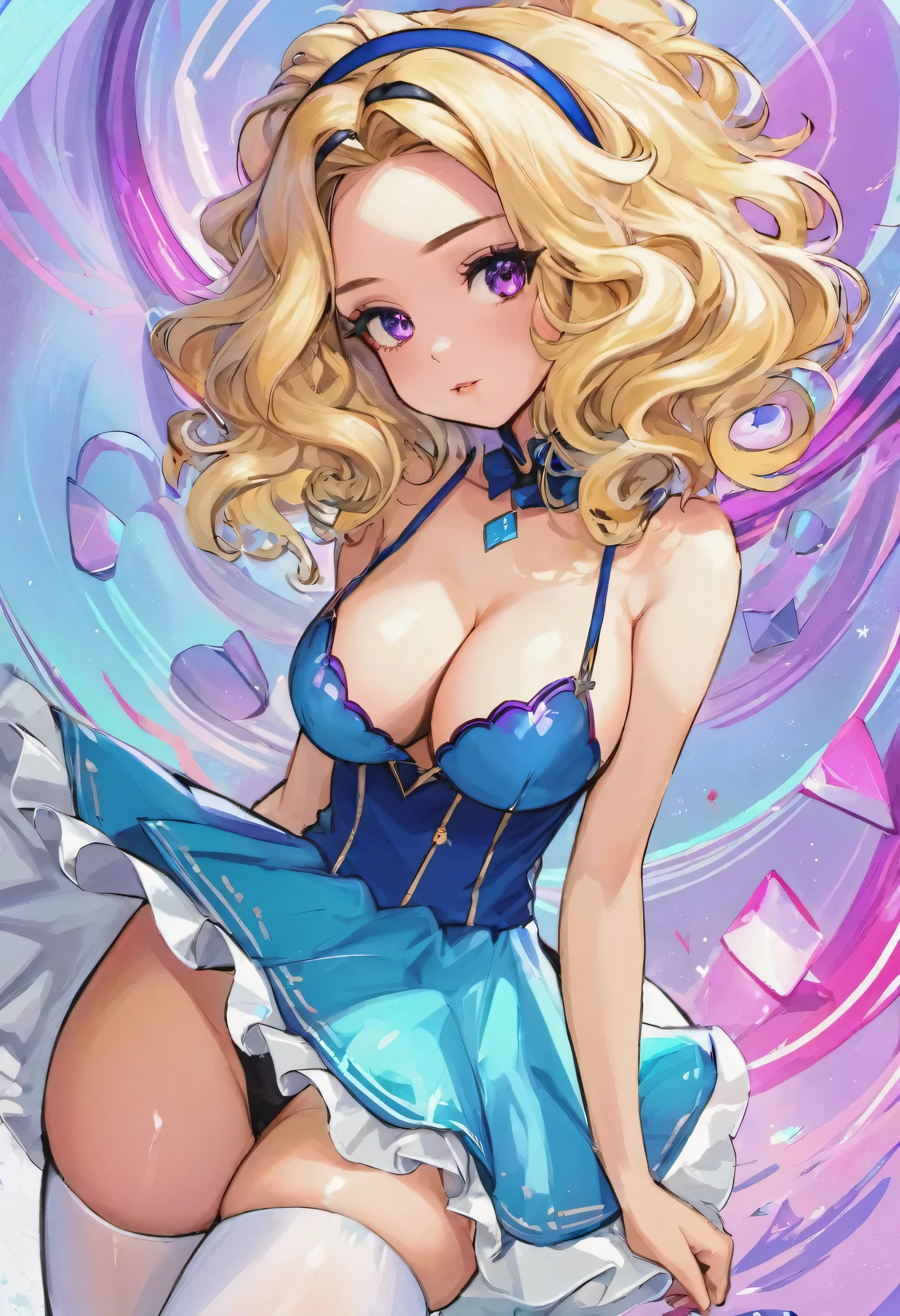 a beautiful 20 year old blonde woman with big messy hair in a blue dress, white stockings, black headband, cleavage, fantasy art style, rossdraws cartoon vibrant, alice x. zhang, alice in wonderland cyberpunk, cute detailed digital art, colorfull digital fantasy art, digital fantasy art ), glossy digital painting, rossdraws pastel vibrant, rossdraws 2. 5, rossdraws 1. 0
