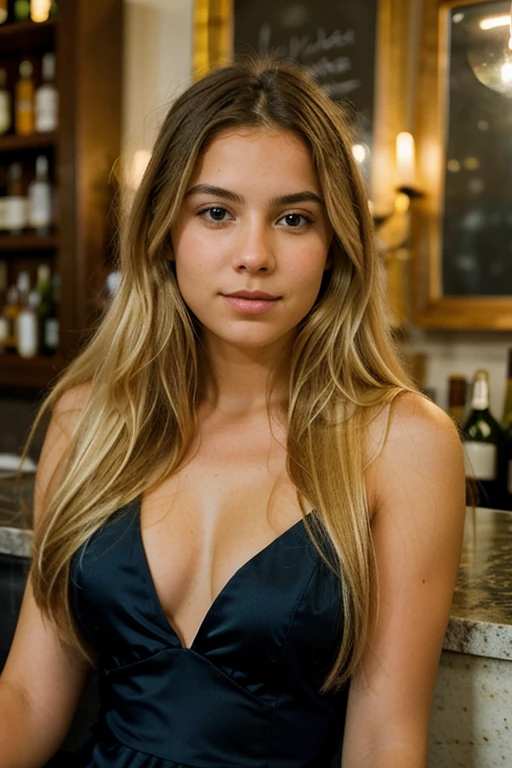 Photorealistic portrait of a young latina, 23 years old, with long flowing blond hair and striking blue eyes. She should have a natural, approachable expression and be lit by soft, golden light. in the photo she's sitting at the counter of a chic bar, wearing a long black evening dress, holding a glass of champagne in her left hand, preparing to drink the glass. 