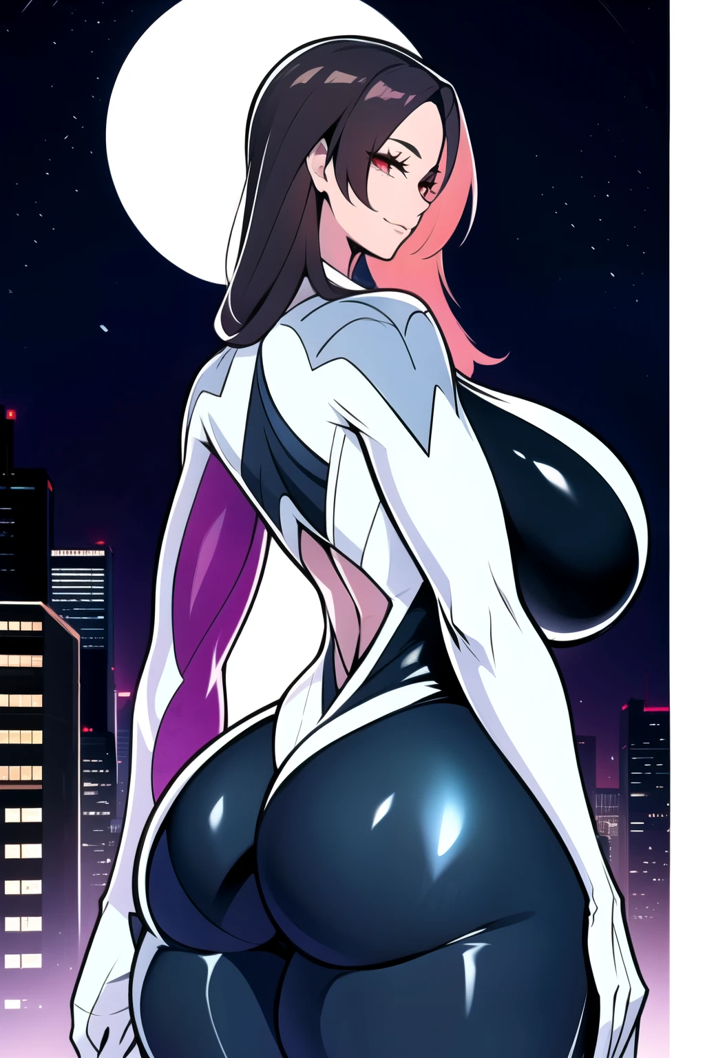 ultra realistic 8k cg, masterpiece, ((ultra detailed background,  intricate detail, highly detailed, fine details best quality, hyperdetailed face)), gigantic breasts ,beautiful lighting, absurdres, BoaHancockV2,  1girl, solo, black hair, long hair, jewelry, closed mouth, ), (Spider-gwen costume, curvy, shiny clothes), red eyes, complex detailed background, outside, standing on top of buildings at night), ((cowboy shot)), curvy, (gigantic breasts: 1.1), seductive smile, cowboy shot, curvy ass, big butt, bubble butt, 