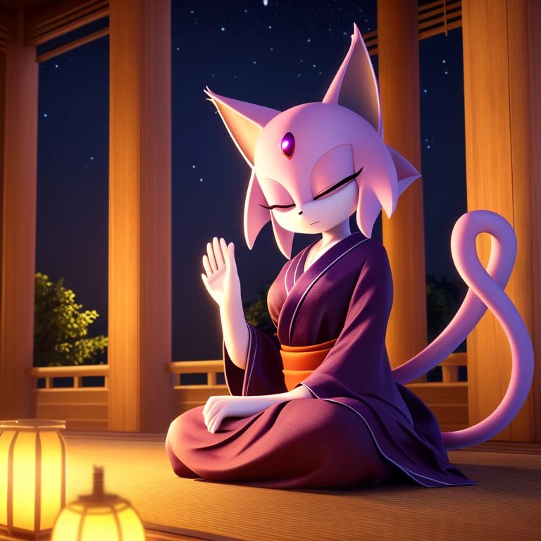 ((smooth textures)), ((clear textures)), ((Highly detailed)), ((studio quality)), ((masterpiece)), ((4k)), ((8k uhd)), Mobian (Espeon), pagoda, 1girl, nighttime, meditating, solo focus, dark purple kimono, closed eyes, (forked tail)