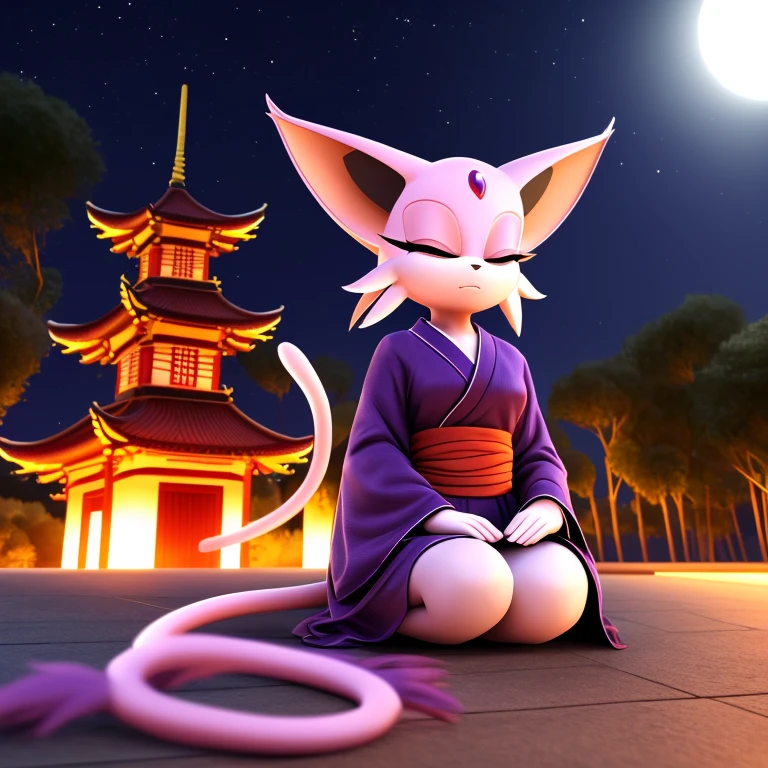 ((smooth textures)), ((clear textures)), ((Highly detailed)), ((studio quality)), ((masterpiece)), ((4k)), ((8k uhd)), Mobian (Espeon), pagoda, 1girl, nighttime, meditating, solo focus, dark purple kimono, closed eyes, (forked tail)