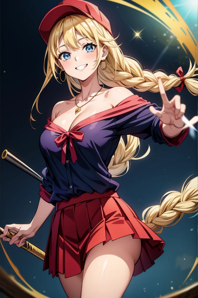an anime image of a sexy character showing her fingers making the ok symbol, 1girl, breasts, solo, jewelry, braid, skirt, hat, smile, blue eyes, hoop earrings, earrings, blonde hair, areola slip, looking at viewer, necklace, shirt, cleavage, grin, long hair, baseball cap, red skirt, pleated skirt, collarbone, blush