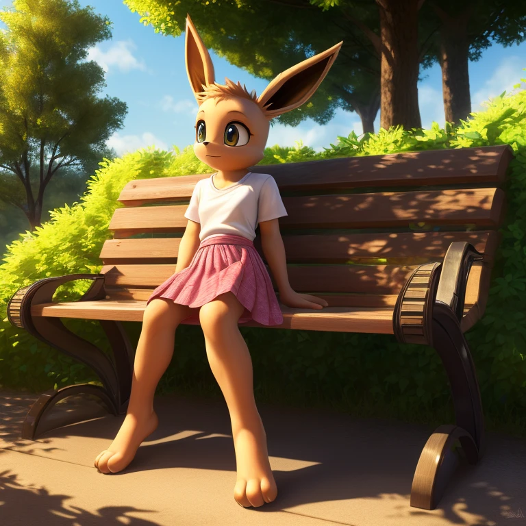 "(best quality,4k,8k,highres,masterpiece:1.2),ultra-detailed,(realistic,photorealistic,photo-realistic:1.37),smooth textures,clear textures,Highly detailed,studio quality,portraits,pink skirt,white shirt,Eevee,sitting on a park bench in a public park, lush greenery, vibrant flowers, gentle breeze, sunlight filtering through the leaves, tranquil atmosphere, peaceful surroundings"
