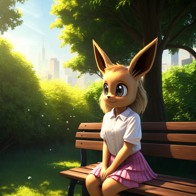 "(best quality,4k,8k,highres,masterpiece:1.2),ultra-detailed,(realistic,photorealistic,photo-realistic:1.37),smooth textures,clear textures,Highly detailed,studio quality,portraits,pink skirt,white shirt,Eevee,sitting on a park bench in a public park, lush greenery, vibrant flowers, gentle breeze, sunlight filtering through the leaves, tranquil atmosphere, peaceful surroundings"