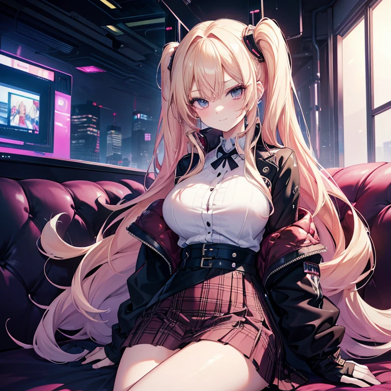 A breathtaking anime masterpiece awaits you with this top-quality, high-resolution image. It features a stunning blonde-haired beauty, dressed in a traditional with a white shirt and a plaid skirt. Her open-shirt reveals a tantalizing glimpse of her bra, adding a touch of allure to her innocent charm. With her flawless complexion and radiant smile, she exudes a mesmerizing appeal. Her long pink hair cascades in a moderate and slightly messy fashion, further enhancing her captivating presence. Adorned in black gloves and underwear, she sits on a sofa in a bedroom, surrounded by the futuristic backdrop of a cyberpunk night city. The digital punk aesthetics and anime-style art combine seamlessly, resulting in a visually stunning 4K image. It's