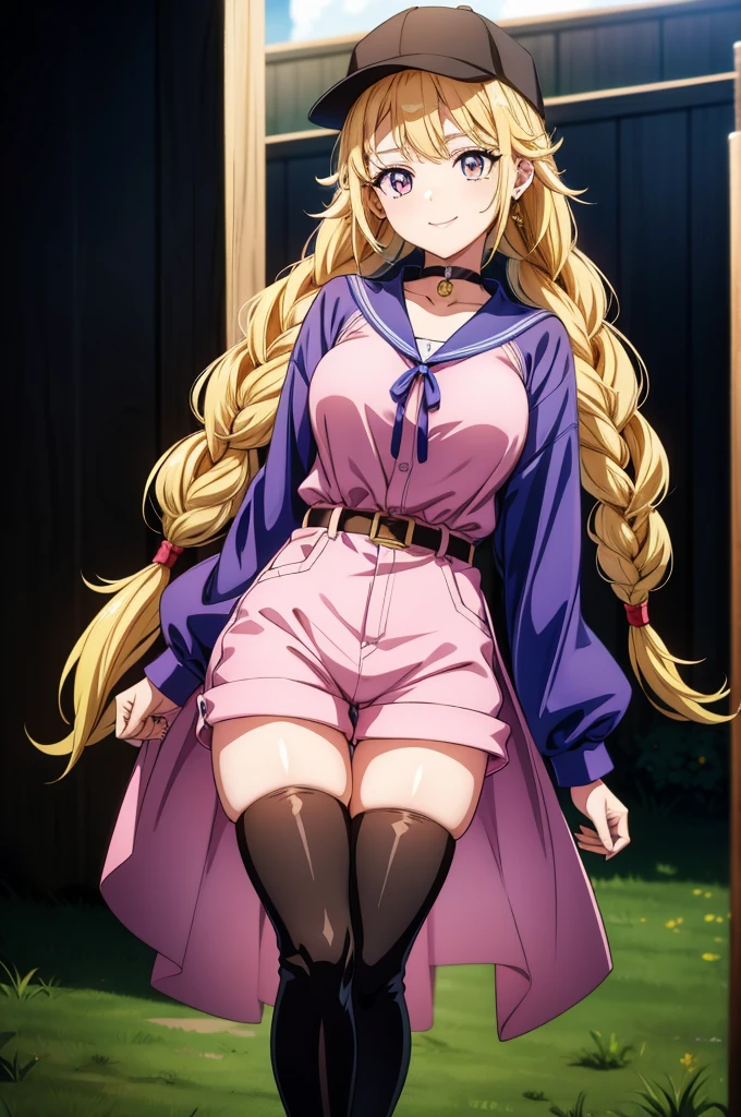 vibrant colors, female, masterpiece, sharp focus, best quality, depth of field, cinematic lighting, yellow hair, pink eyes, large breasts, full body, thighhighs, smile, belt, outdoors, jewelry, long sleeves, high-waist shorts, very long hair, choker, earrings, thigh boots, thighs, black belt, Eiko Tsukimi, blue eyes, braid, twin braid,blonde hair,baseball cap