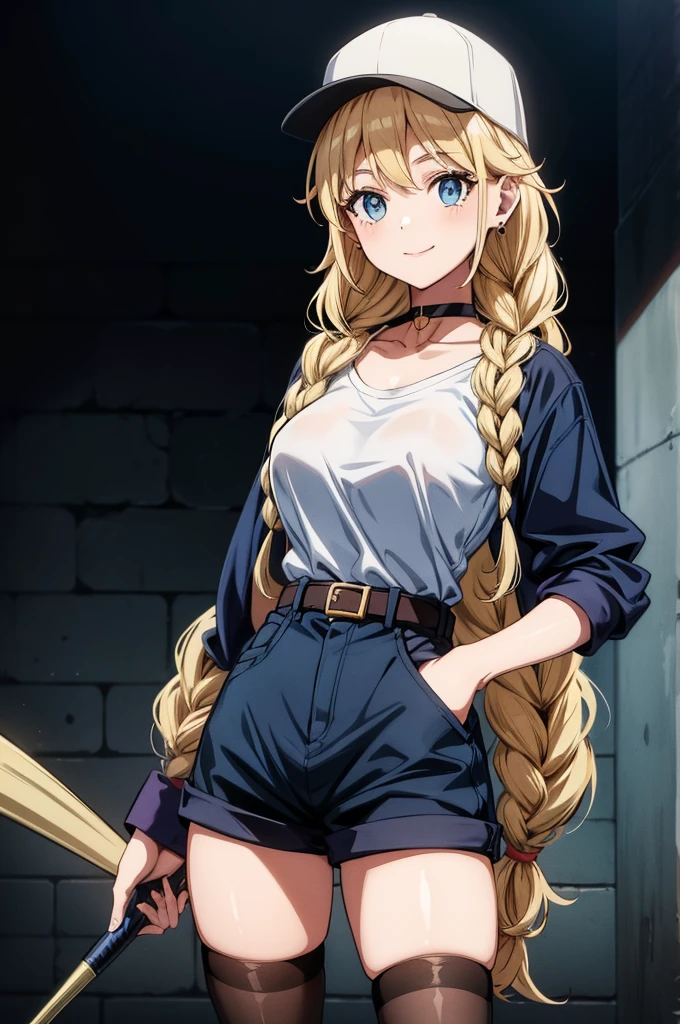 a picture of a female comic book character is holding a baseball bat, 1girl, solo, blonde hair, hat, baseball cap, braid, choker, thighhighs, earrings, breasts, shorts, looking at viewer, jacket, smile, long hair, jewelry, twin braids, thighs, shirt, white shirt, black shorts, blue jacket, large breasts, collarbone, outdoors, black choker, belt