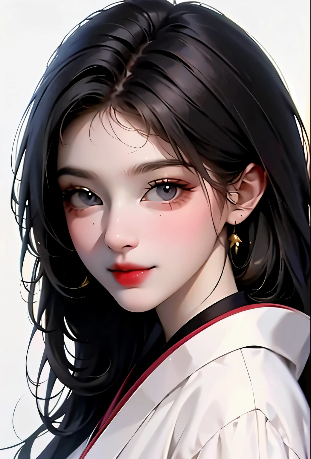 white background,masterpiece,highest quality,disorganized,original,very delicate and beautiful,Beautifully detailed eyes and face,1 girl, black hair, kimono, looking at the viewer, alone, (shiny skin),(masterpiece:1.4),(highest quality:1.4),realistic,robber girl,mature woman,mature woman,smile,closed mouth