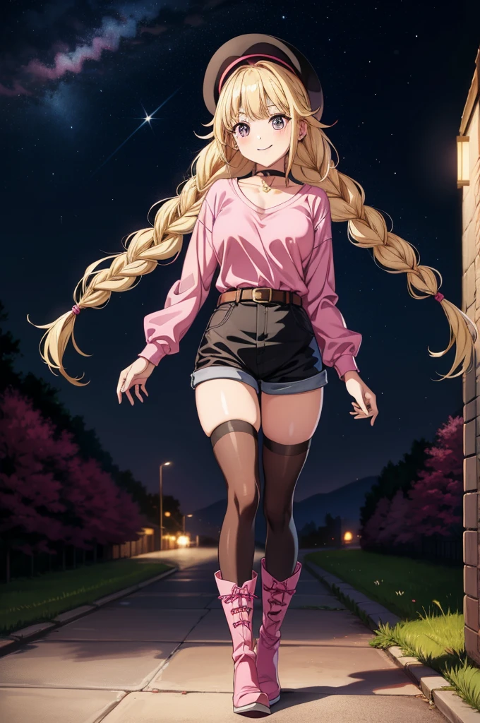 a woman wearing pink boots and long hair in a city at night, 1girl, solo, twin braids, blonde hair, long hair, thighhighs, jewelry, braid, breasts, shorts, choker, earrings, hat, smile, looking at viewer, black choker, pink shirt, belt, , shirt, full body, night, bangs