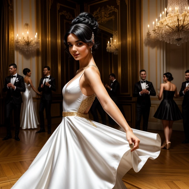 ((Dancing)), Girl, (european face), black hair, high hairstyle, white dress, ballroom, 