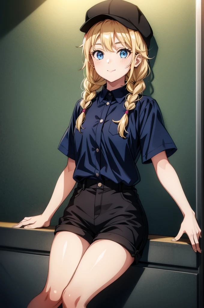 a girl in a black hat and shorts with blonde hair and blue eyes, 1 girl, hat, shorts, black shorts, blue eyes, solo, shirt, blonde hair, baseball cap, braid, twin braids, smile, white shirt , looking at viewer, long hair, short sleeves, shirt tucked in, black hat,Eiko Tsukimi, blue eyes, braid, twin braid, blonde hair, long hair