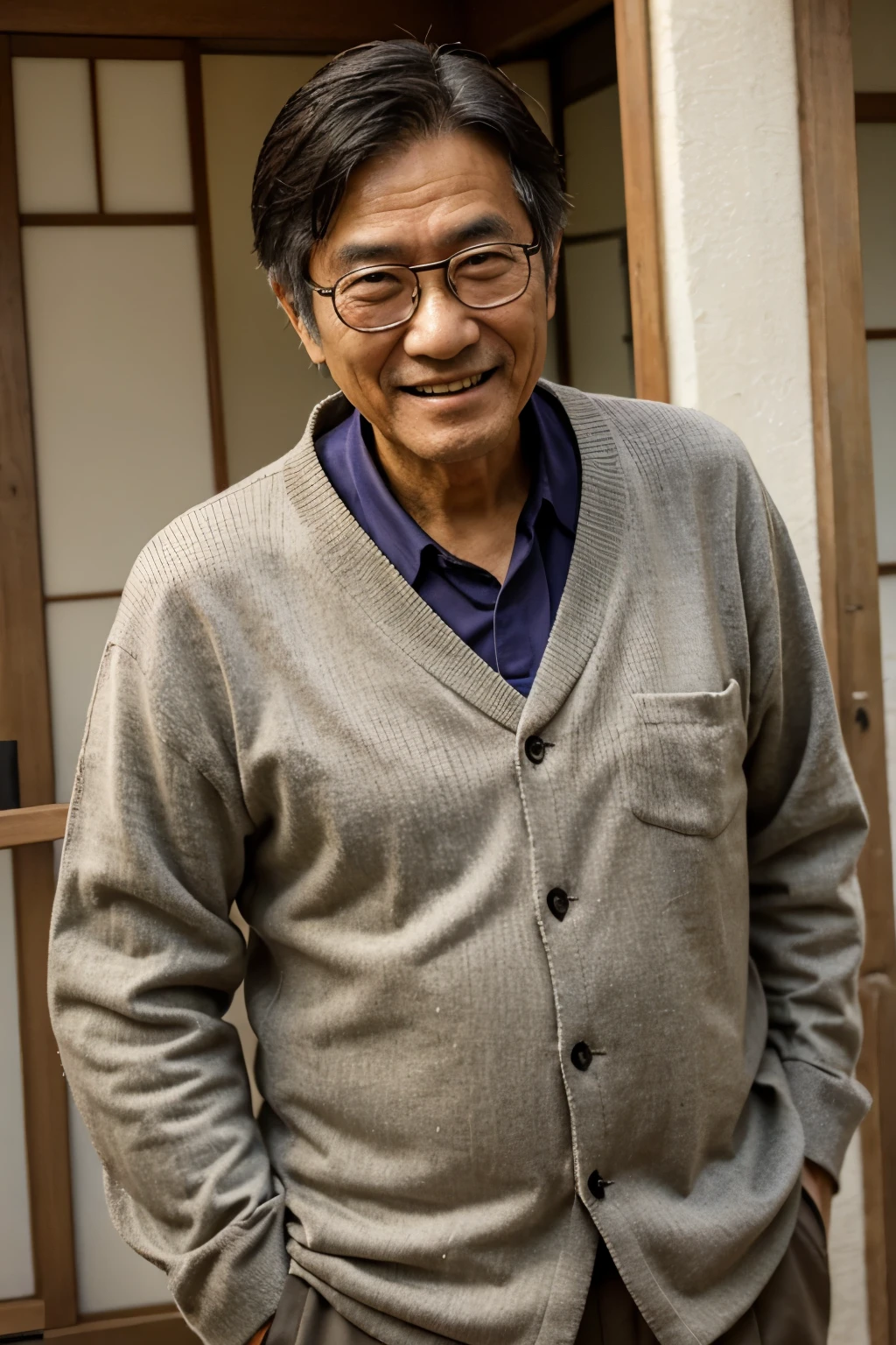 japanese man, elderly men, old man, very wise, mid age, nice clothes, with glasses on, smiling