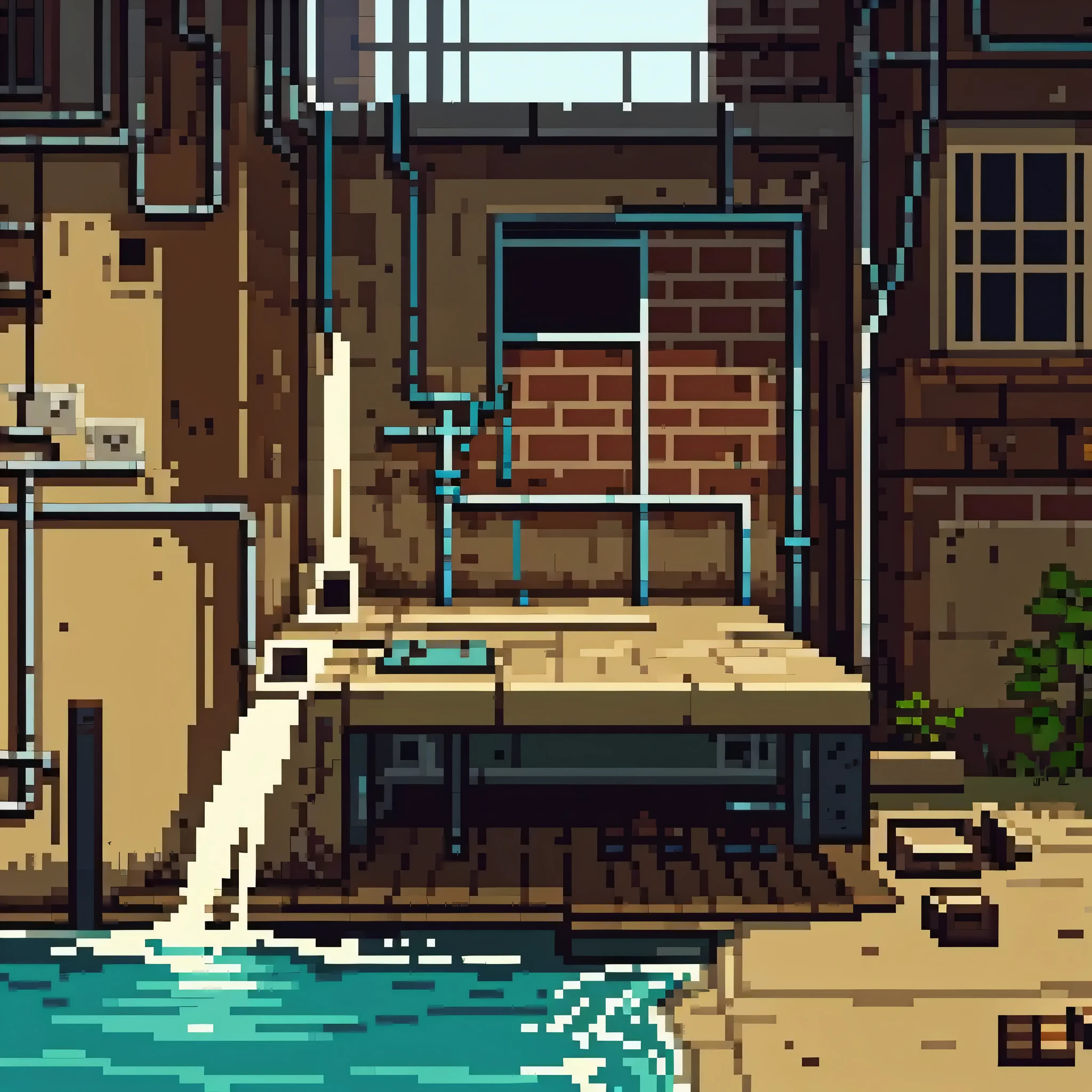 masterpiece, best quality, pixel art, some gears in an old factory, water leaks from some pipes