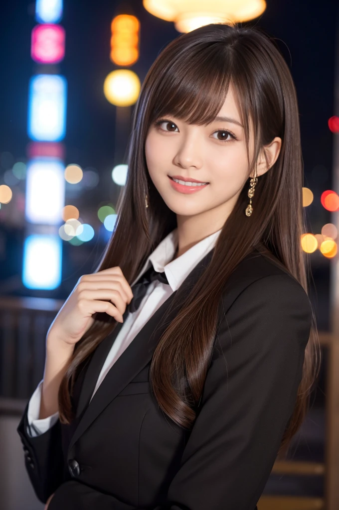 masterpiece、1 beautiful girl、detailed eye、puffy eyes、highest quality, 超A high resolution, (reality: 1.4), movie lighting、Japanese、asian beauty、super beautiful、beautiful skin、thin、body turns forward、(超reality的な)、(High resolution)、(8K)、(very detailed)、(beautiful detailed eyes)、(Super detailed)、 (wall-)、detailed face、bright lighting、professional lighting、looking at the viewer、look straight ahead、black business suit、Like a female announcer、long hair, asymmetrical bangs, 、night view、brown hair、japanese idol、korean idol、fiery idol pose、、23 years old、expensive, smile, Nagasaki City、Park scene、