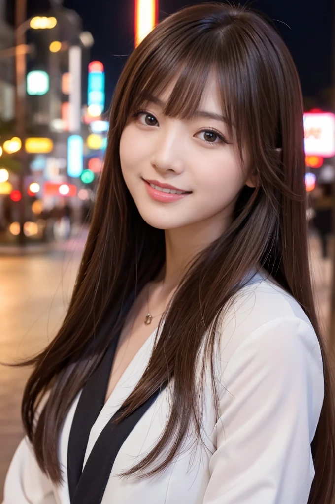 masterpiece、1 beautiful girl、detailed eye、puffy eyes、highest quality, 超A high resolution, (reality: 1.4), movie lighting、Japanese、asian beauty、super beautiful、beautiful skin、thin、body turns forward、(超reality的な)、(High resolution)、(8K)、(very detailed)、(beautiful detailed eyes)、(Super detailed)、 (wall-)、detailed face、bright lighting、professional lighting、looking at the viewer、look straight ahead、black business suit、Like a female announcer、long hair, asymmetrical bangs, 、night view、brown hair、japanese idol、korean idol、fiery idol pose、、23 years old、expensive, smile, Nagasaki City、Park scene、