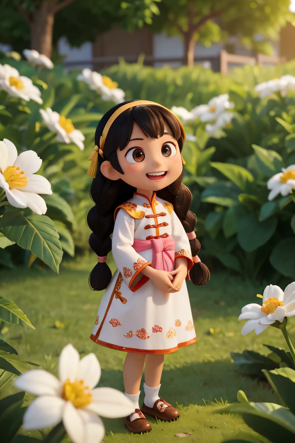 Chinese girl, Children 3 years old, , small , infant,, Long hair to waist, Her hair is braided, dark black hair, Face of white flowers, face painting, brown skin color, Milky coffee, shiny black eyes, Rich in details, whole body, happy, happy, smiling, Disney Pixar Cartoon 3D, Chinese girl站在古城街道里，Eyes are normal，Mouth is not crooked，Fingers are clear，Correct pattern，Bow tie highlights