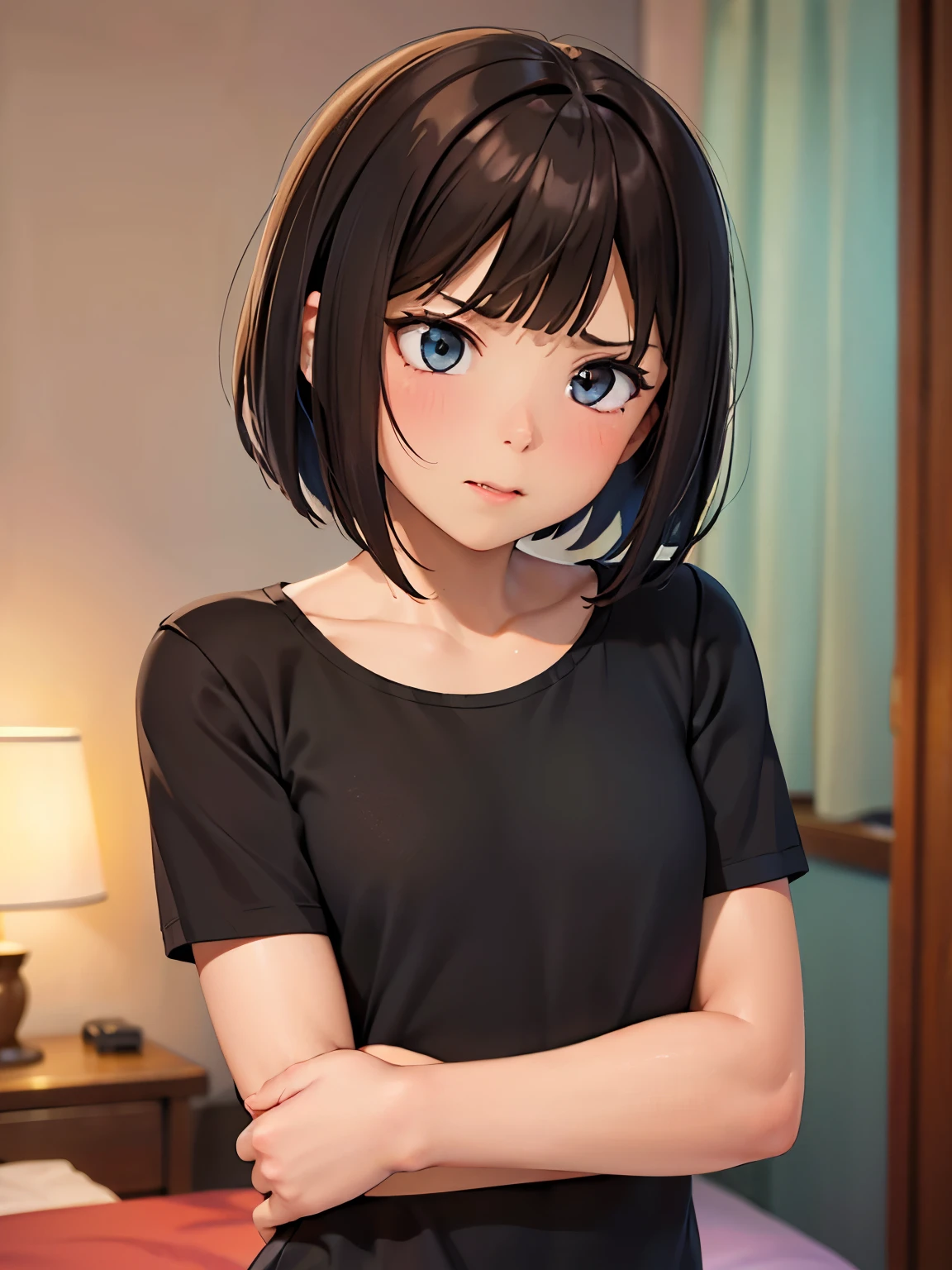 super fine illustration, vibrant colors, masterpiece, sharp focus, best quality, depth of field, cinematic lighting, ultra detailed, (t-shirt),1 woman, solo, milf, bedroom, dark brown hair, bob haircut, excited face, blush, annoyed, looking down,(( small breasts )), ,(( thin)), (strong) muscle (muscular:0.7)