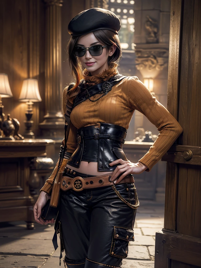 (masterpiece,stunning girlfriend, (standing:1.1), dynamic pose, heart shaped face,elegant face, beautiful face, highly detailed face, highly detailed skin, skin pores, subsurface scattering, realistic pupils, loving smile, looking at viewer, full lips, detailed background, depth of field, atmospheric perspective, volumetric lighting, sharp focus, absurdres, realistic proportions, good anatomy, (realistic, hyperrealistic:1.4), 16k hdr, (masterpiece, best quality:1.2), cowboy shot, solo, 1girl, coco adel, grin, looking at viewer, hand on hip, beret, sunglasses, orange sweater, corset, black gloves, pants, jewelry, belt, bandolier, standing outdoors, Machu Picchu, peru,