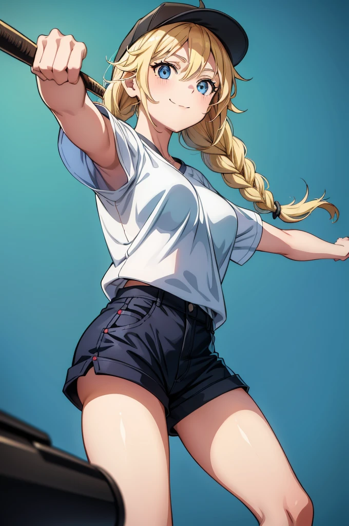 an anime girl with giant tits wearing short shorts and a baseball cap, 1girl, shorts, ass, pink shorts, blue eyes, long hair, hat, braid, solo, baseball cap, blonde hair, breasts, twin braids, looking at viewer, short shorts, thighs, looking back, short sleeves, black headwear, shirt, bangs