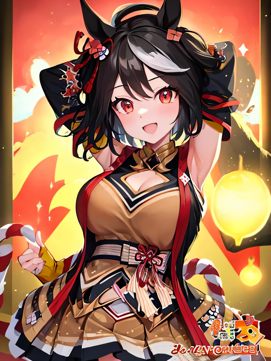 1 girl、{kitasan black,Umamusume,red eyes, horse ears, Uma Musume, horse tail, black hair, short hair, messy hair, wavy hair, smile}, Kyoto animation style, {Upper body}, {outstretched arm}, {Sweat}, handsome figure, woman, very beautiful detailed anime face and eyes, ^ ^, big breasts, wallpaper 8k CG, very detailed, 4k,side、Arms behind head pose、side