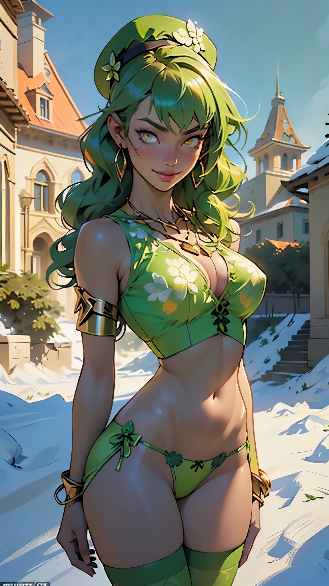 girl,1girl,

(large breasts:1.4),((((curly hair, long hair, blunt bang, yellow green hair, curly hair, long hair, blunt bang)))),(((orange_eyes:1.3))),intricate eyes,beautiful detailed eyes,symmetrical eyes,((((lustrous skin:1.5,tanned skin,bright skin: 1.5,skin tanned,shiny skin,very shiny skin,shiny body,Reflective skin)))),(spider lower abdomen,narrow waist,wide hip,athletic body,inflated legs,thick thighs,(detailed face)),beautiful detailed lips,slender waist,perfect anatomy, good body, perfect body,

cute,slutty,sensual,seductive look,seductive,((erotic)),((nsfw)),

(St. Patrick's Day, green theme),((underwear, solo, bra, panties)),( jewel in the sparkle galaxy),(clover objects, clover decorations, clover spirits),((glittering green silk corset with green thighhighs, green leprechaun hat)),(celtic creature, celtic body painting),((green panties)),(wearing gold bracelets on wrists, gold necklace,  4-leaf clovers and pot of gold:1.4),

(flirtatious pose:1.3), looking at viewer,happy expression,smile, mischievous expression,centered,scale to fit dimensions,Rule of thirds,

outdoors,(winter palace,winter palace background,pyramids in the background),scenery,extremely scenery,clouds,winter style,winter castle,(sunset, golden hour),

(Glossy clover ornaments),highres,sharp focus,(ultra detailed,extremely detailed),(photorealistic artwork:1.37),(extremely detailed CG unity 8k wallpaper),(((vibrant colors,vibrant theme))),(intricate),(masterpiece),(best quality),artistic photography,(photography taken by sldr),(intricate background),perfect rendered face,perfect face details,realistic face,photo realistic,((intricate detail)),(((realism))),