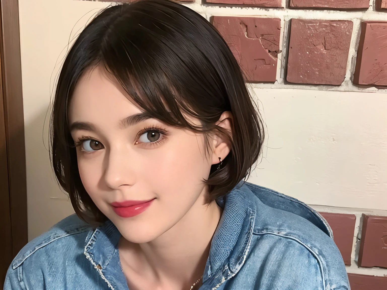 200 (snapdd00-Fp16), woman, floral hoodie, gentle smile, lipstick, short hair, Retro brick town, wearing jeans