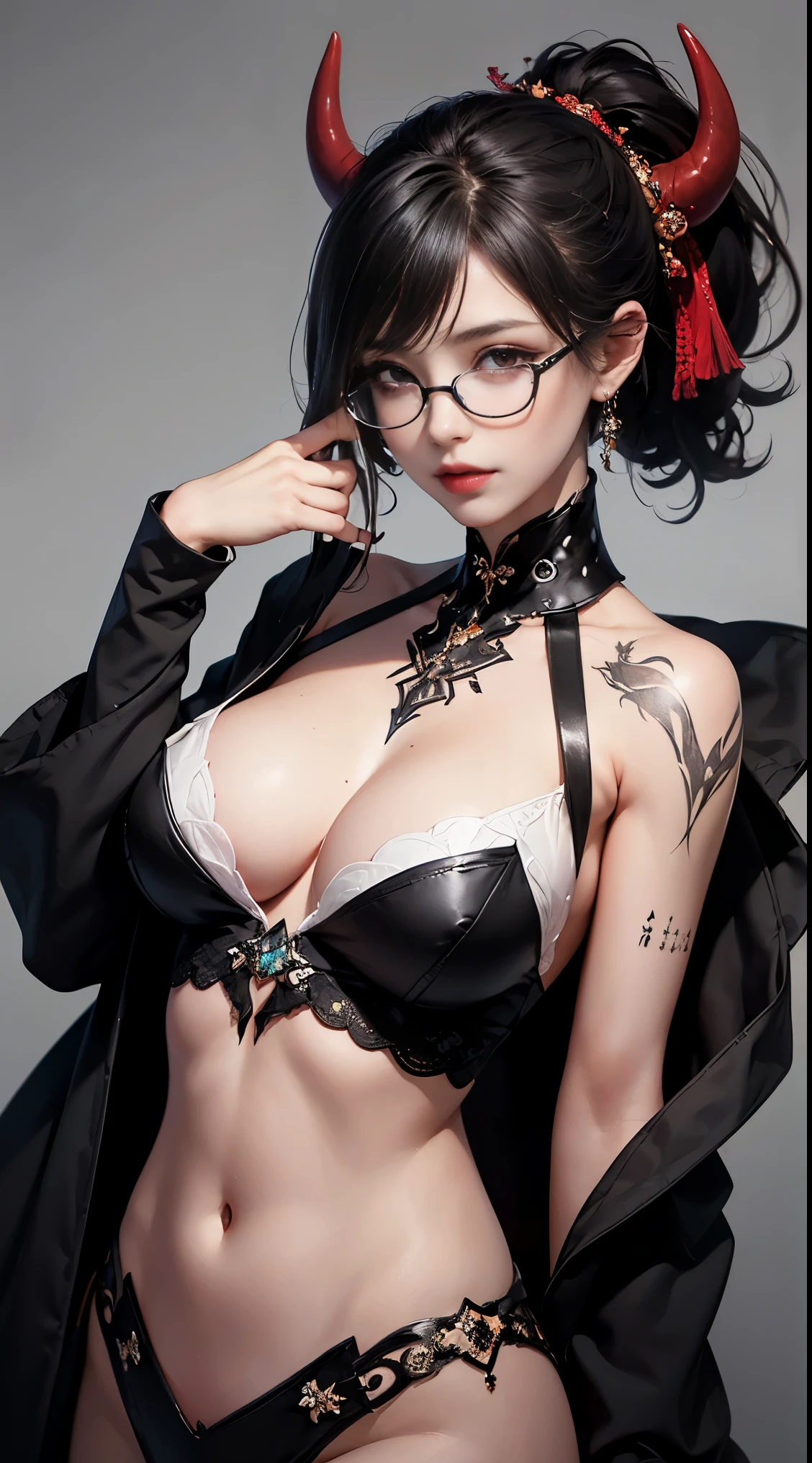 1 Beautiful devil woman from hell, Surreal portraits of women by David Hockney and Alphonse Mucha, fantasy art, Chinese humanoid robot, photorealism, dynamic lighting, art station, poster of, volume lighting, 非常に詳細なディテールを備えた顔のintricate tattoo, demonic intricate tattoo, thigh tattoo, body tattoo, 8k ultra, award, in the dark, private key, cowboy lens, (black phoenix dress: 1.0), long hair, black hair, bust, devil'palace of, devil'Crown of, red eyesには、Very clear and detailed makeup, the most beautiful face, seductive body、((((Black round-rimmed glasses))))、 super tight chest, Breast augmentation surgery, Breasts are very big and round, Super realistic, black dark magic dress, cute smile, Your eyes are made up so beautifully, ((red eyes:1.0)), Gweiz, devil style, wearing black mesh socks, Ponytail with ribbon tied at the back, beautiful plump red lips, wearing a thin red and black robe, Pull the strap with your hand to expose your sexy breasts, The view is cloudy、Thunder is rumbling, beautiful female devil portrait, Close-up of the main character、intricate tattoo, demonic intricate tattoo, thigh tattoo, body tattoo, (detailed spooky background:0.8), nffsw, nffsw, 8K quality, detailed pixels, Meeting beautiful girls, look at the girl'body of, ((((Black round-rimmed glasses))))、Portrait of a woman wearing black magic、Surreal portraits of women by David Hockney and Alphonse Mucha, fantasy art, Chinese humanoid robot、seductive woman、
