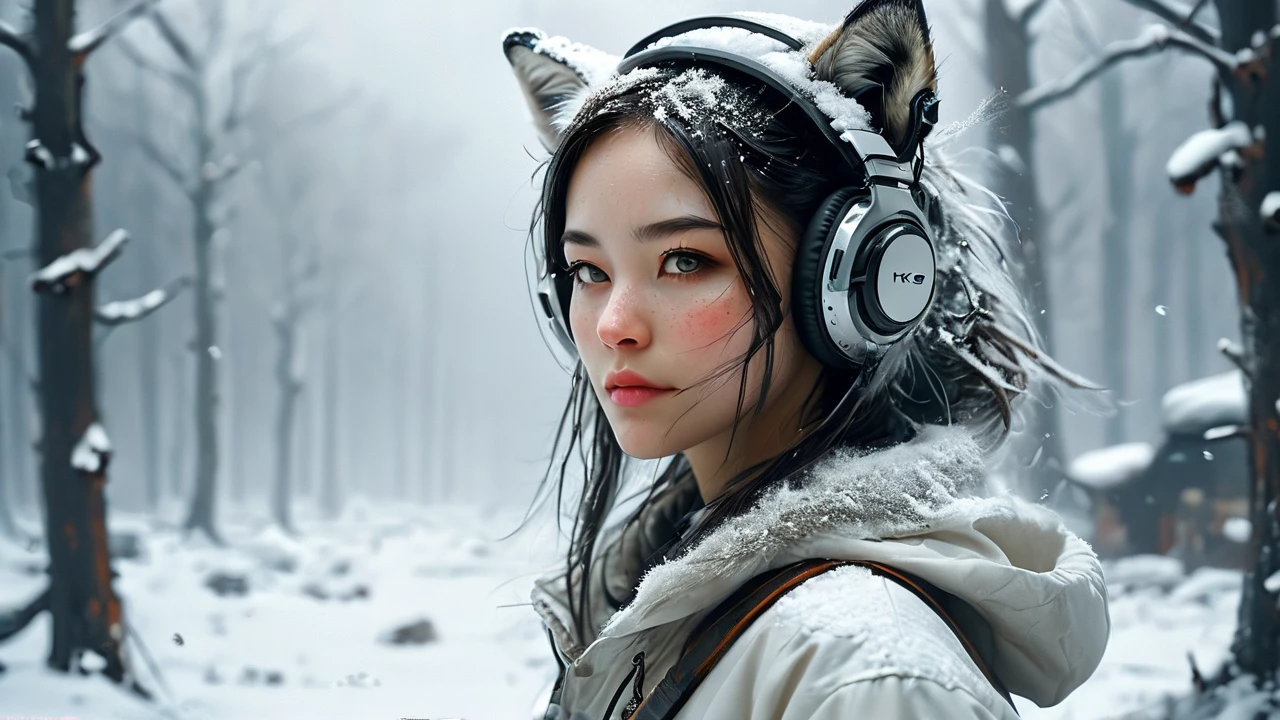 the [White fox] wearing headphones | and post-apocalyptic landscapes | Winter, snow | portrait paintings; motto kei; iconic; realistic portrait