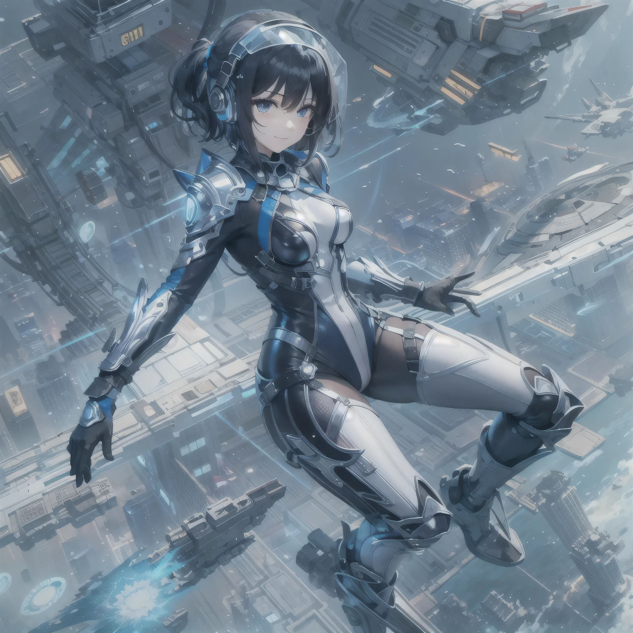 (masterpiece、highest quality、highest resolution、clear_image、detailed details、Angle from above): (full body figure、One 20 year old girl、Japanese faces、small face、Slender、Navy blue super short bob cut hair、(hidden small breasts:1.3)、sparkling blue eyes、Shiny pilot suit in blue and black colors、armor that protects the chest、tight fitting clothes、clothes that cover the whole body、shiny clothes、tight fit pants、hide the skin、very delicate and beautiful、detailed skin、hide thighs、hide your butt、cute type、gentle smile、soft expression、heroine、headset、Knee-high boots、gloves up to the elbow、eye level shot、facing directly、woman on a spaceship)