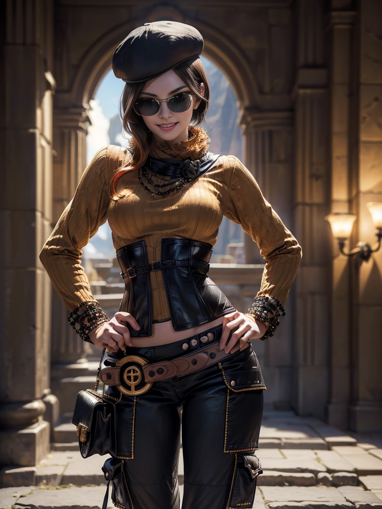 (masterpiece,stunning girlfriend, (standing:1.1), dynamic pose, heart shaped face,elegant face, beautiful face, highly detailed face, highly detailed skin, skin pores, subsurface scattering, realistic pupils, loving smile, looking at viewer, full lips, detailed background, depth of field, atmospheric perspective, volumetric lighting, sharp focus, absurdres, realistic proportions, good anatomy, (realistic, hyperrealistic:1.4), 16k hdr, (masterpiece, best quality:1.2), cowboy shot, solo, 1girl, coco adel, grin, looking at viewer, hand on hip, beret, sunglasses, orange sweater, corset, black gloves, pants, jewelry, belt, bandolier, standing outdoors, Machu Picchu, peru, crowd