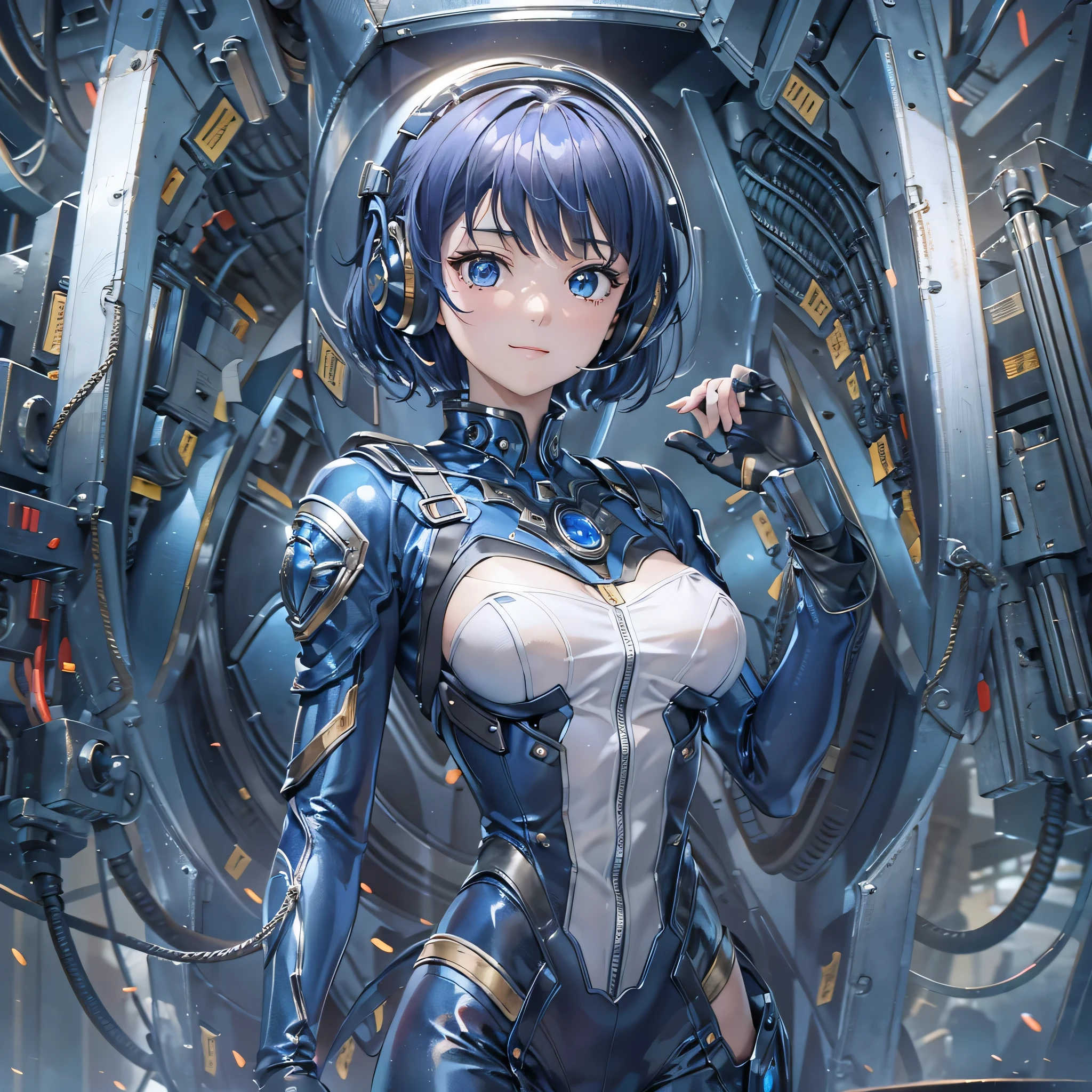 (masterpiece、highest quality、highest resolution、clear_image、detailed details、Angle from above): (full body figure、One 20 year old girl、Japanese faces、small face、Slender、Navy blue super short bob cut hair、(hidden small breasts:1.3)、sparkling blue eyes、Shiny pilot suit in blue and black colors、armor that protects the chest、tight fitting clothes、clothes that cover the whole body、shiny clothes、tight fit pants、hide the skin、very delicate and beautiful、detailed skin、hide thighs、hide your butt、cute type、gentle smile、soft expression、heroine、headset、Knee-high boots、gloves up to the elbow、eye level shot、facing directly、woman on a spaceship)