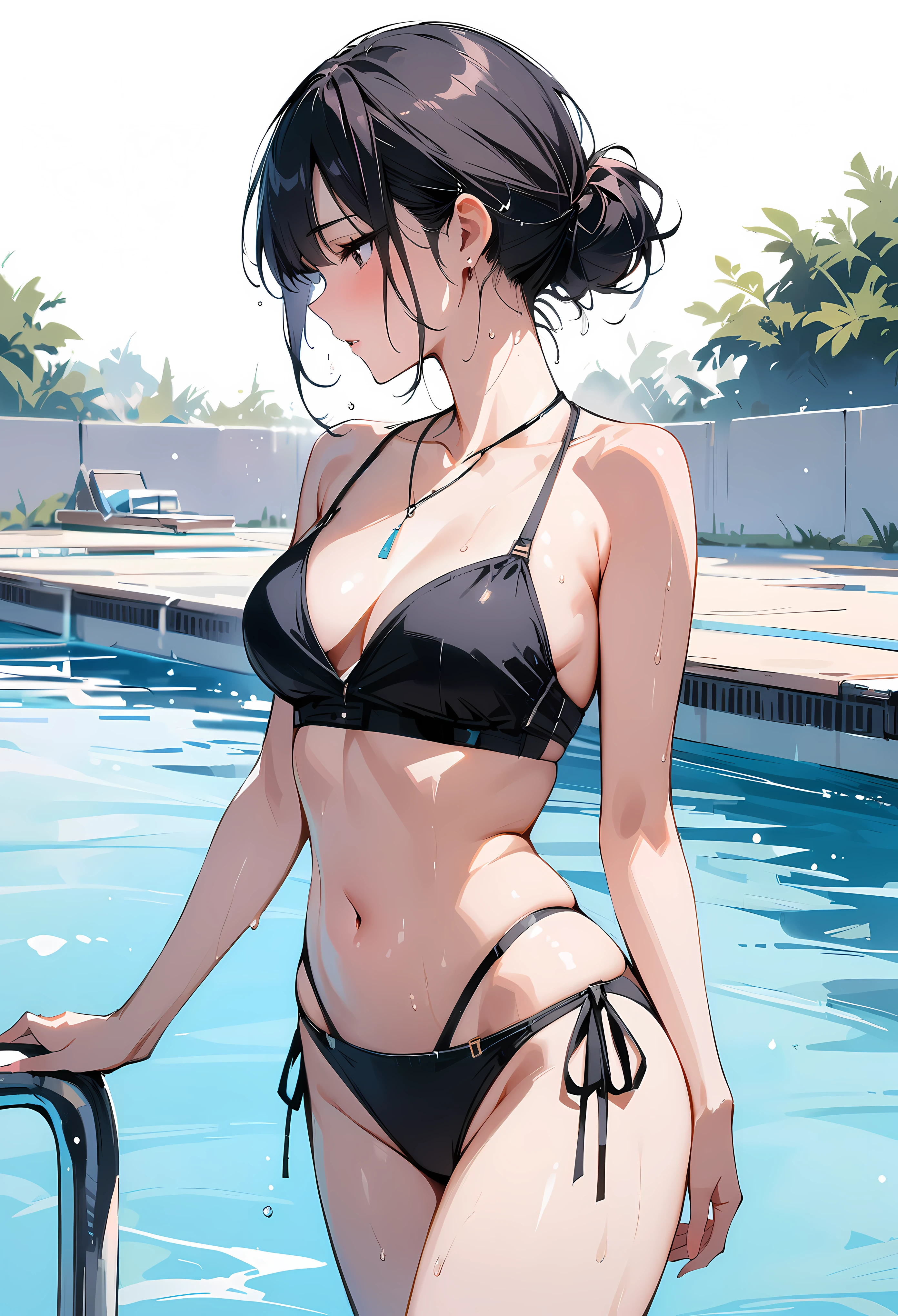 (masterpiece, best quality:1.2), 1 girl, alone , sexy , (bikini), cowboy shot, black hair ,hair bun, (Sweat),  (pool_background) , outdoor ,
