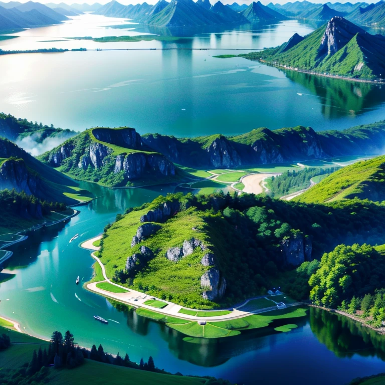 Jiangnan ist ein See und ein Berg, a real and illusory Traum, where there is a beautiful lake, Der See ist rauchig, The row of huts on one side of the lake lies under the green mountains, Der Berg ist rauchig, der schwache Duft von Blumen, the rippling water, Reiher fliegen, Regen, Boot, wideangle lens, Licht, volume Licht, Traum, backLicht, hochkomplexes Detail, fine, high resolution, Ultra-clear image quality, Increase image quality, 8k High Definition V 4 2 --V 4 --AR 2:3