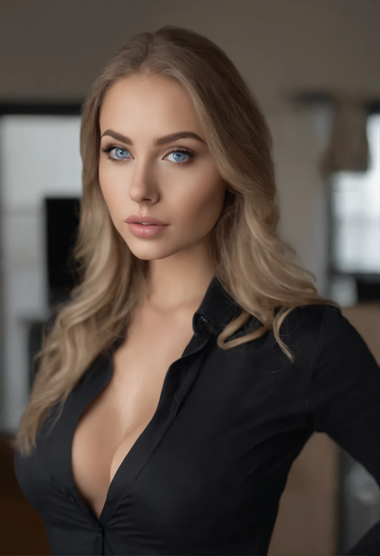 Completely arafied woman , sexy girl with blue eyes, ultra realistic, carefully detailed, Portrait of Sophie Mudd, blonde hair and big eyes, selfie of a young woman, eyes in the office, Violet Myers, No makeup, natural makeup, looking straight into the camera, face with artgram, subtle makeup, amazing full body shot, standing in the office in a podjika with open cleavage, in the bedroom, medium to large breast size, in clothes