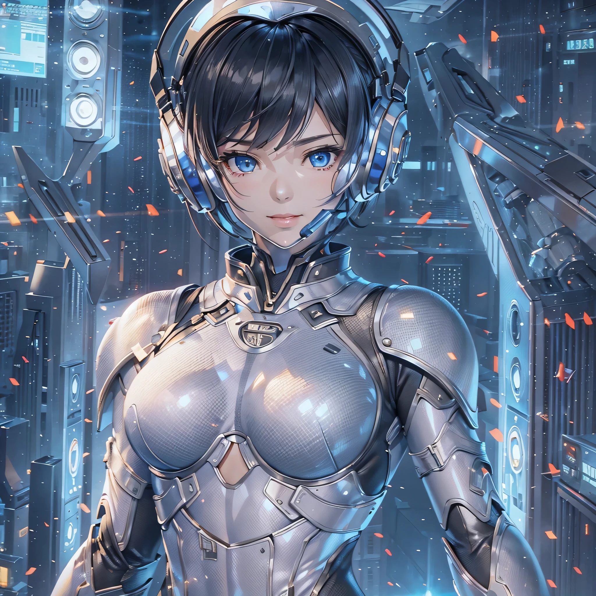(masterpiece、highest quality、highest resolution、clear_image、detailed details、Angle from above): (full body figure、One 20 year old girl、Japanese faces、small face、Slender、Navy blue super short bob cut hair、(hidden small breasts:1.3)、sparkling blue eyes、Shiny pilot suit in blue and black colors、armor that protects the chest、tight fitting clothes、clothes that cover the whole body、shiny clothes、tight fit pants、hide the skin、very delicate and beautiful、detailed skin、hide thighs、hide your butt、cute type、gentle smile、soft expression、heroine、headset、Knee-high boots、gloves up to the elbow、eye level shot、facing directly、woman on a spaceship)
