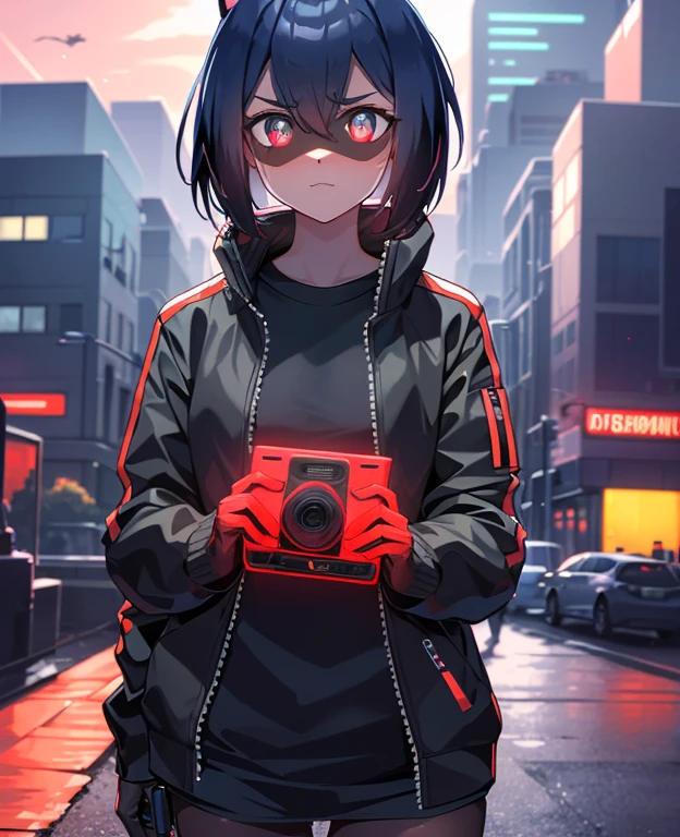 cyberpunk, portrait, Schwarz , Rot neon eyes, stilvoll tragen [Schwarz|Rot] Kleidung steht in einer Stadt, (sonnenaufgang:1.4), Street, kompliziert, fototealistisch
