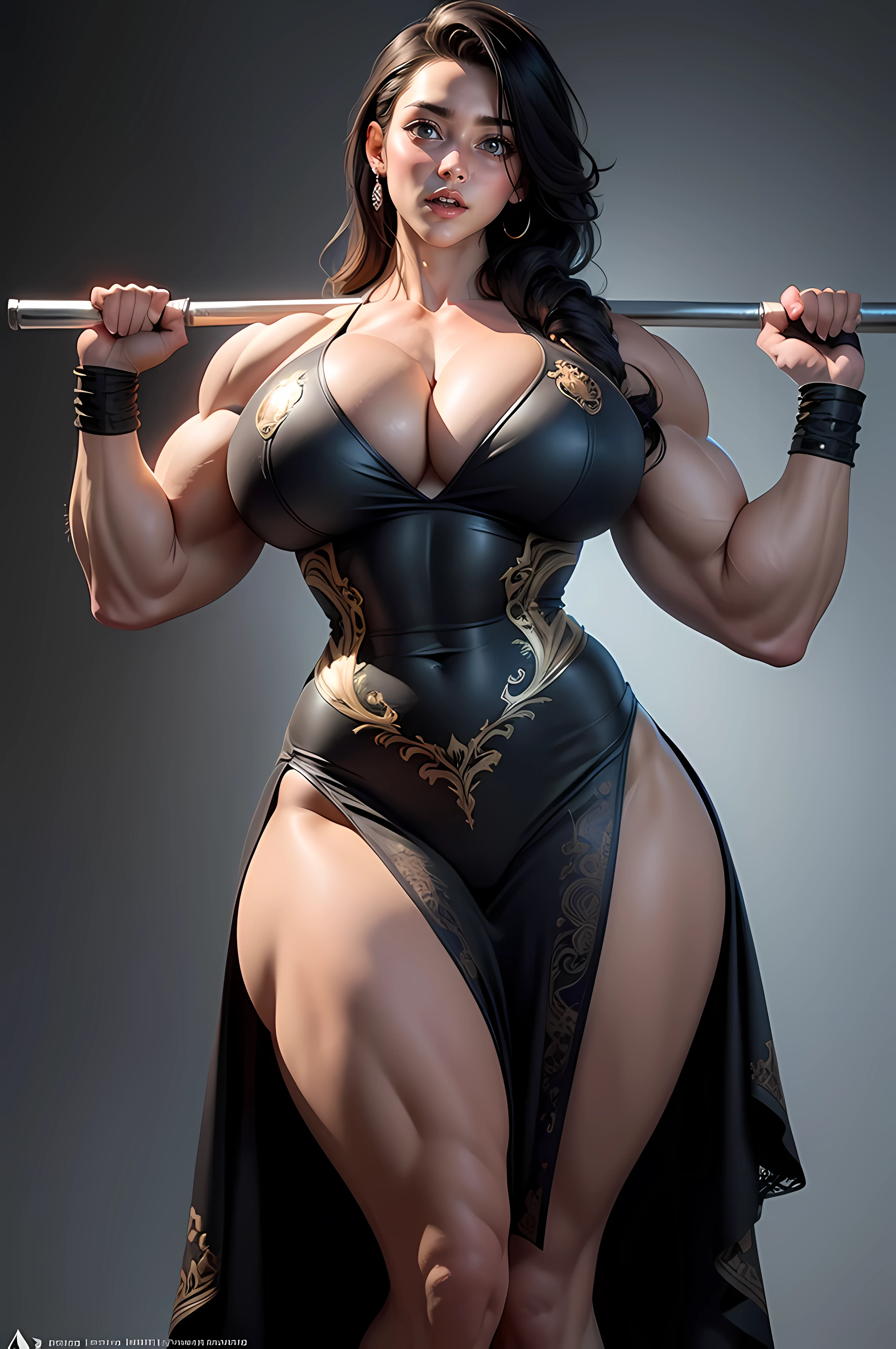 (((massive female bodybuilder))), bouncing her  up and down, (((huge breasts))),  full cleavage, heavy eye liner, ultra realistic, concept art, intricate details, eerie, highly detailed, photorealistic, octane render, 8k, unreal engine. art by Artgerm and Greg Rutkowski and Alphonse Mucha, silk dress