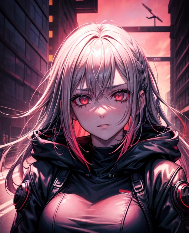 cyberpunk, portrait, Schwarz , Rot neon eyes, stilvoll tragen [Schwarz|Rot] Kleidung steht in einer Stadt, (sonnenaufgang:1.4), Street, kompliziert, fototealistisch