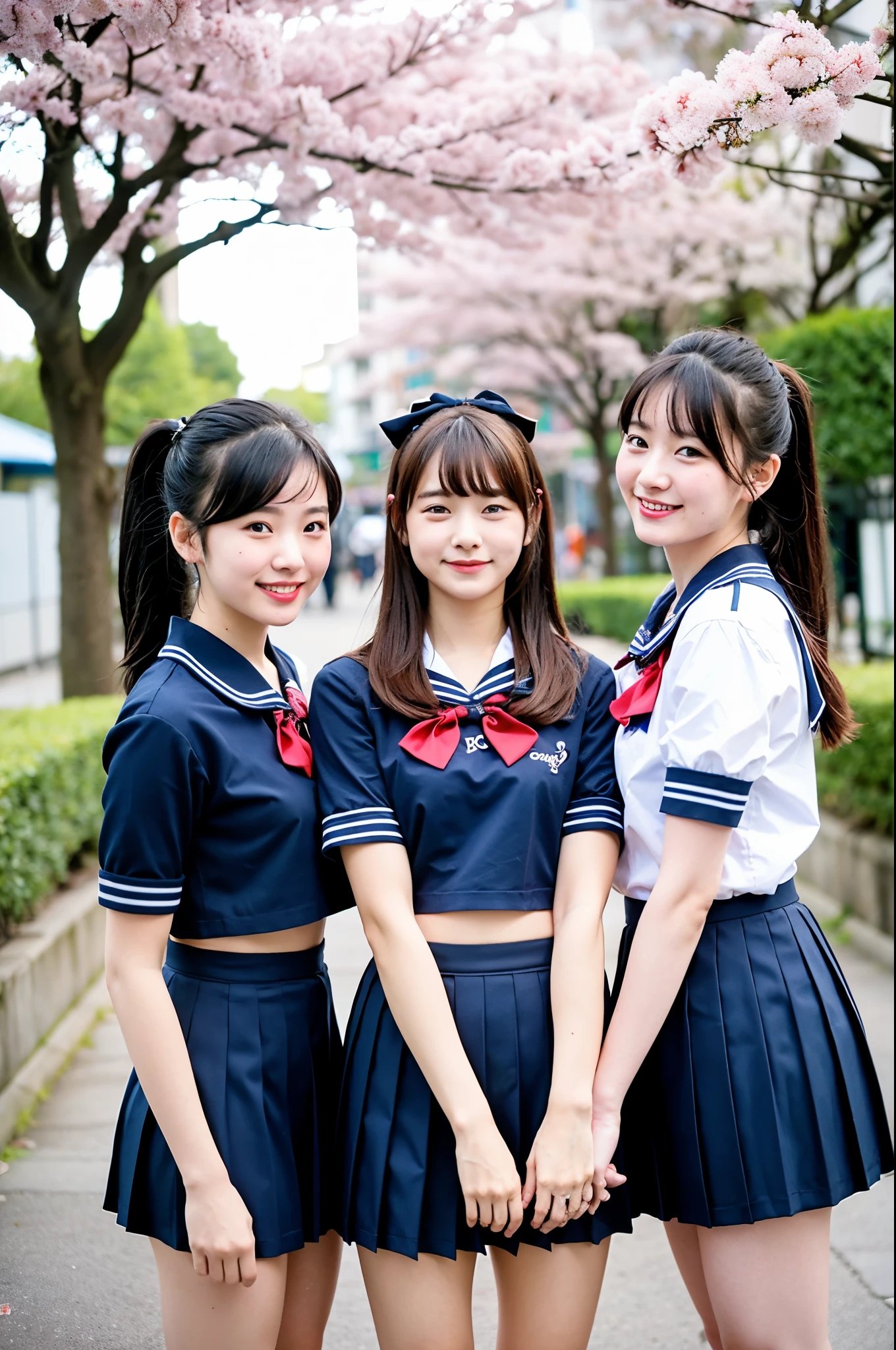 3 girls in cherry blossom street,navy blue sailor shirt with red bow tie,navy blue pleated skirt,18-year-old,bangs,a little smile,thighs,knees,ponytail with barrette,from below,front light