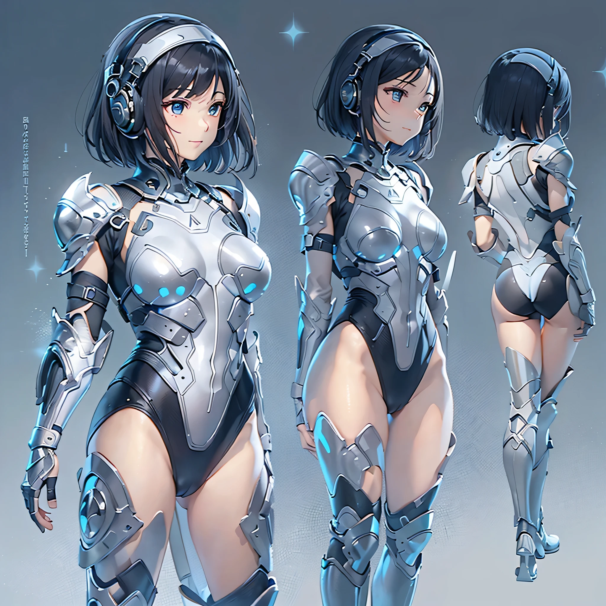 (masterpiece、highest quality、highest resolution、clear_image、detailed details、Angle from above): (full body figure、One 20 year old girl、Japanese faces、small face、Slender、Navy blue super short bob cut hair、(hidden small breasts:1.3)、sparkling blue eyes、Shiny pilot suit in blue and black colors、armor that protects the chest、tight fitting clothes、clothes that cover the whole body、shiny clothes、tight fit pants、hide the skin、very delicate and beautiful、detailed skin、hide thighs、hide your butt、cute type、gentle smile、soft expression、heroine、headset、Knee-high boots、gloves up to the elbow、eye level shot、facing directly、woman on a spaceship)