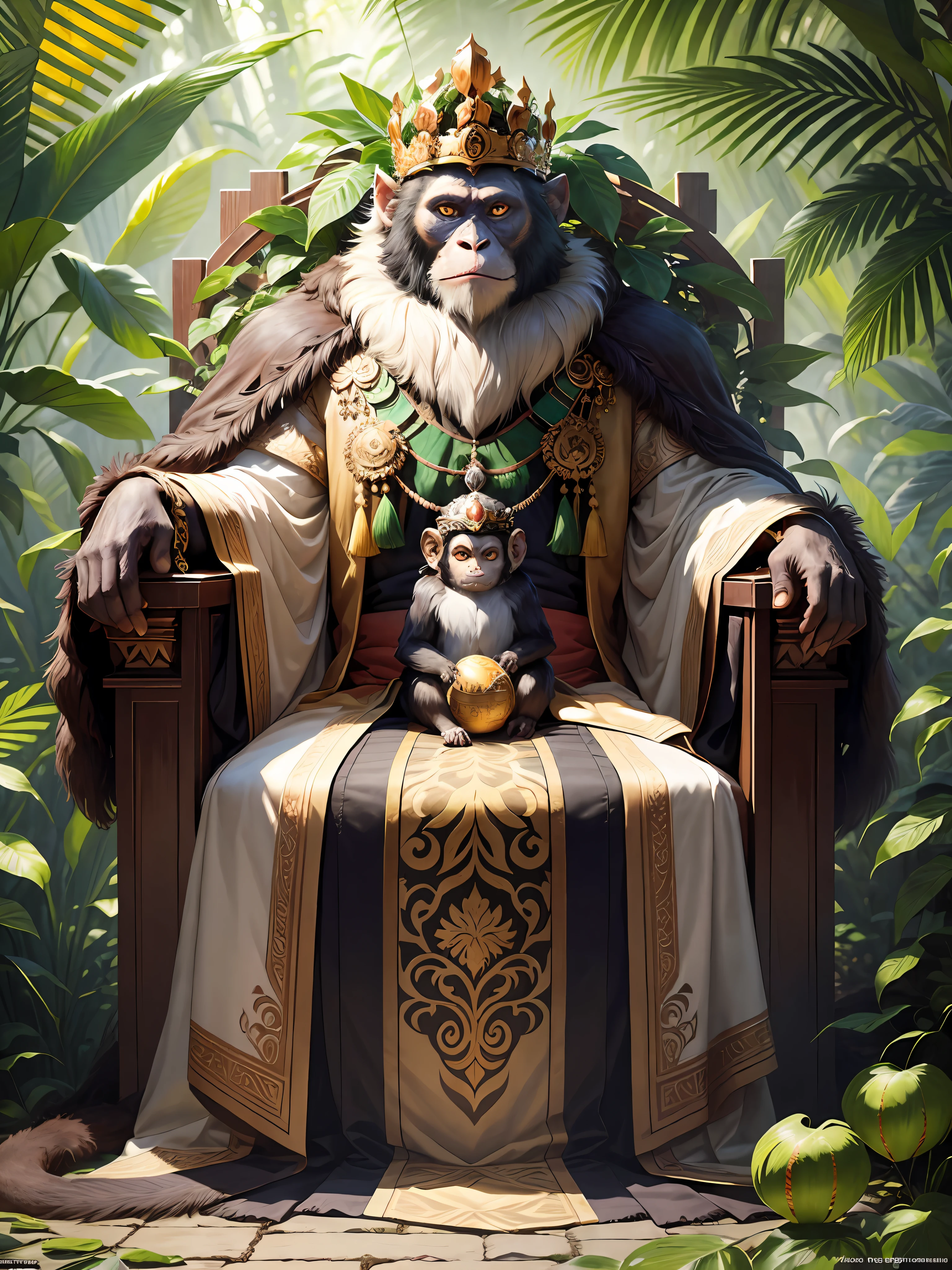 (obra de arte, Melhor qualidade), detalhes intrincados, 8k, art station, Papel de parede, arte oficial, sharp focus,Crie uma imagem de um majestoso macaco imperador, sentado orgulhosamente em um trono feito de madeira, folhas, vinhas, e cocos. The throne is located in the heart of the jungle, surrounded by lush vegetation and exotic flowers. The emperor monkey is wearing a crown made of woven vinhas and folhas, acentuado com penas coloridas.
The emperor monkey is dressed in royal clothes made from jungle materials, como peles de animais e plantas tecidas. Ele usa um elaborado colar de dentes e contas, and their skin is adorned with intricate markings made from natural dyes.
The throne is grand and impressive, with intricate carvings and detalhes intrincados made from natural materials. There are vinhas and folhas weaving through the woodwork, Adding to the jungle aesthetic. O trono fica no topo de uma plataforma feita de grande, pedras planas, que foram arranjados para formar um caminho que leva ao trono.
O macaco imperador senta-se alto e orgulhoso, with a serious expression on his face. Seu grande, Olhos inteligentes varrem a selva, Ficar de olho em qualquer perigo potencial. Your posture is regal, and his behavior is one of power and authority.
The jungle is alive around you, with birds and monkeys chirping and chattering in the background. The air is humid and thick, with the scent of exotic flowers and ripe fruits filling the air. The setting is one of natural beauty and power, with the monkey emperor ruling his kingdom with dignity and grace